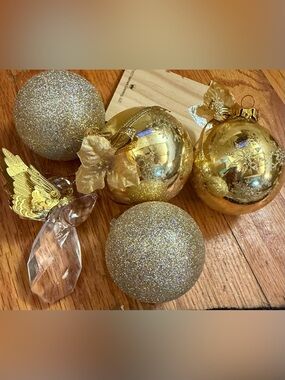 Gold Holiday Ornaments and Hallmark Angel